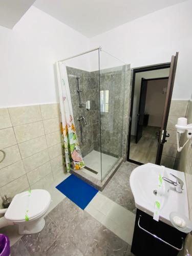 a bathroom with a shower and a toilet and a sink at Blue Wave in Mamaia Sat/Năvodari
