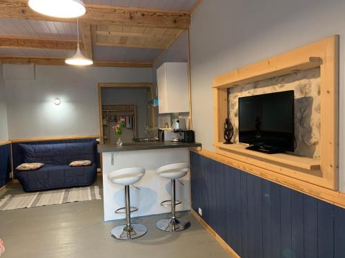 Il comprend une cuisine avec un bar avec des tabourets et une télévision. dans l'établissement Studio indépendant tout confort pour 4 personnes 25 m carrés, à Lapalme