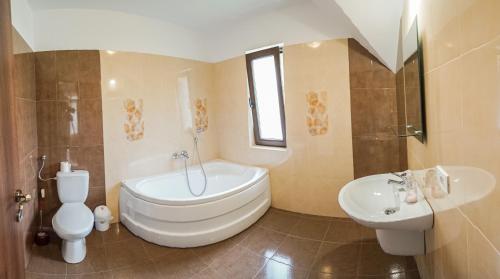 a bathroom with a toilet and a tub and a sink at Pensiunea Edia in Borşa