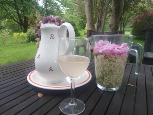una mesa con un jarrón y una copa de vino en Wolscy Blachnickiego 3, en Krościenko nad Dunajcem