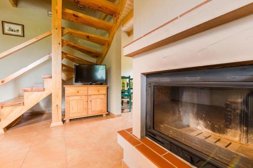 a living room with a fireplace and a tv at Domki nad stawem. in Polańczyk