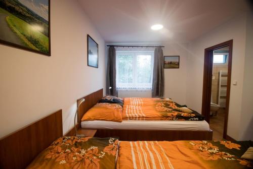 a bedroom with two beds and a window at Ubytování Na prženských pasekách in Mikulŭvka