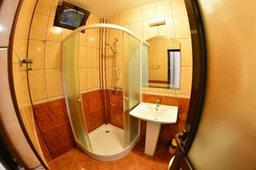 La salle de bains est pourvue d'une douche et d'un lavabo. dans l'établissement Casa Cojocaru, à Drobeta-Turnu Severin