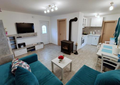 a living room with a blue couch and a stove at Holiday Home Rojko in Štrigova