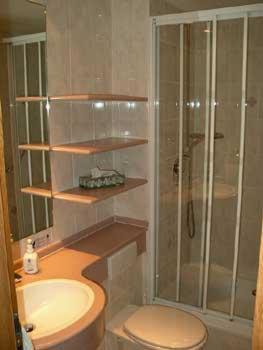 a bathroom with a shower and a toilet and a sink at Hotel Alter Posthof in Spay
