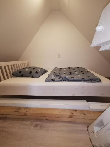 two beds in a room with a attic at Rennsteigscheune in Steinbach am Wald