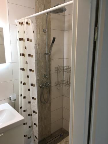a shower with a glass door in a bathroom at SONNENSEITE 2 in Laboe