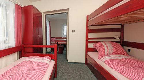 a bedroom with two bunk beds and a mirror at Ubytování Karolinka in Prášily