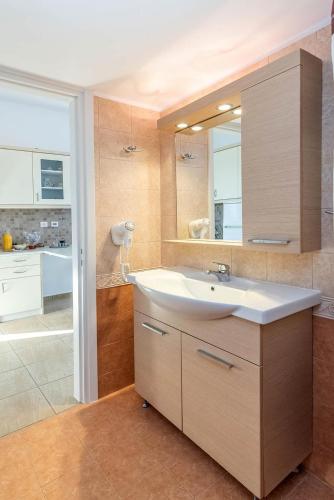 a bathroom with a sink and a mirror at Avissalou Apartments in Agios Romanos