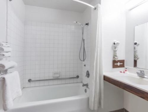 a white bathroom with a shower and a sink at Super 8 by Wyndham Arcata in Arcata