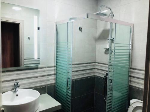 a bathroom with a sink and a glass shower at Angela Apartments in Fanárion