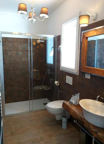 a bathroom with a shower and a toilet and a sink at La Collina dei Cavalieri in Belvedere Ostrense