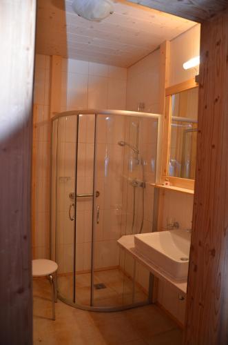 a bathroom with a shower and a sink at Pension zum Schreiner in Hermagor