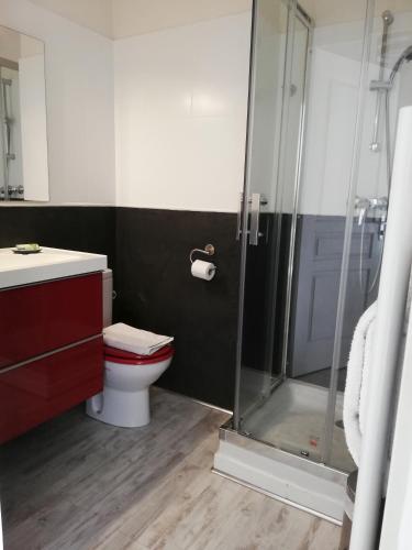 une salle de bain avec toilettes et douche en verre dans l'établissement Appartement 2P et parking privé à 50m des plages., à Villeneuve-Loubet