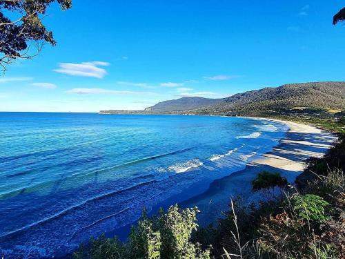 a view of a beach with the ocean at Ruby's Cottage Farm Stay in Port Arthur