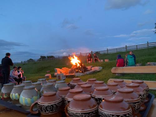 a group of people sitting around a fire with pottery at Pensiunea 3 Brazi Zarnesti in Zărneşti
