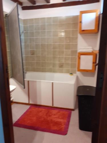 a bathroom with a shower and a bath tub with a red rug at Maison Normande in Asnelles
