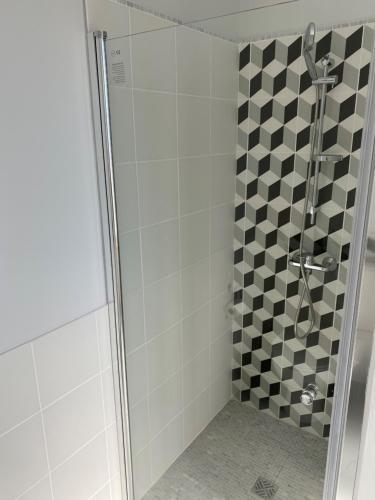 a bathroom with a shower with a checkered wall at Studios Pellisson in Cognac