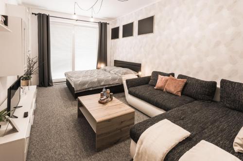 - un salon avec un canapé et un lit dans l'établissement FLEXIHOME SK - Tolsteho - Free Parking on the street - 2 bedrooms, à Košice