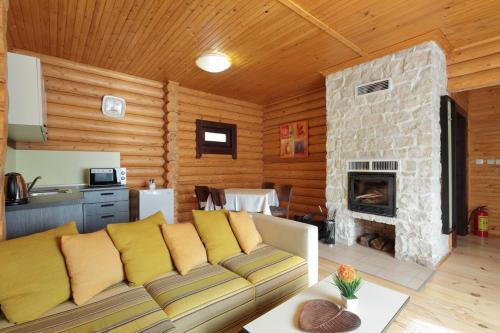 a living room with a couch and a stone fireplace at Hotel Panorama in Panichishte