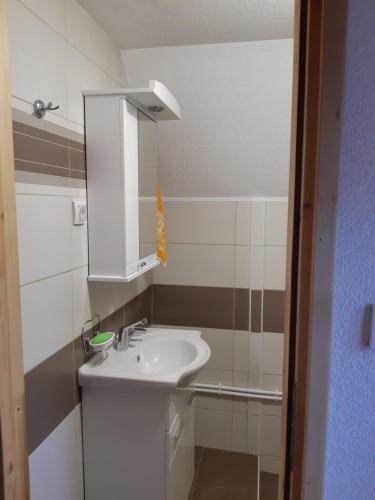 ein Badezimmer mit einem weißen Waschbecken und einem Spiegel in der Unterkunft Durmitorski konak in Žabljak