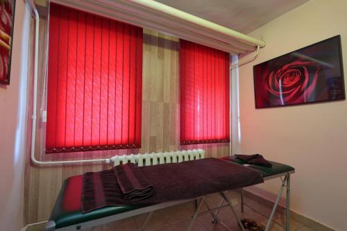 a room with red curtains and a table in front of a window at Hotel Panorama in Panichishte