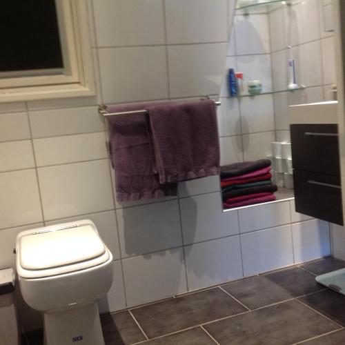a bathroom with a toilet and purple towels at Beemster Experience in Middenbeemster