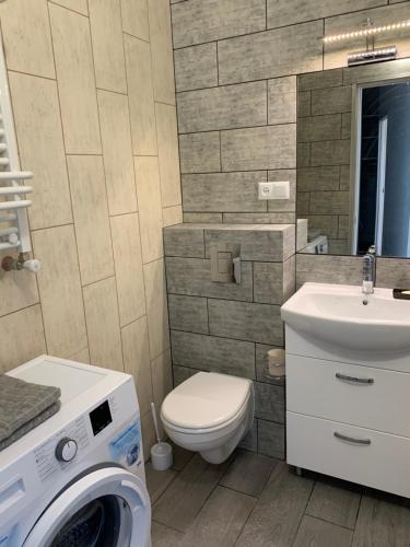 a bathroom with a toilet and a sink and a washing machine at Apartment for you in Ivano-Frankivsʼk