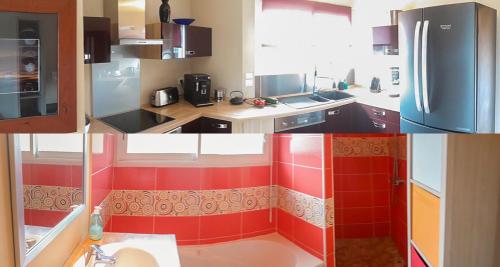 eine Küche mit roten und weißen Fliesen an den Wänden in der Unterkunft Superbe Maison Ossature Bois avec Piscine au Calme in Port-de-Lanne