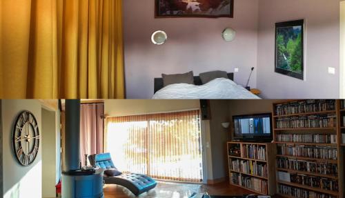 - un salon avec un lit et une étagère avec des livres dans l'établissement Superbe Maison Ossature Bois avec Piscine au Calme, à Port-de-Lanne