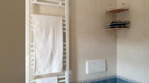 Baño con una toalla colgada en una ducha en Casavacanze Duelupi, en Otranto