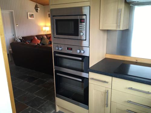a kitchen with a microwave oven and a couch at Tegid Lodge- Pine Lake Resort in Carnforth