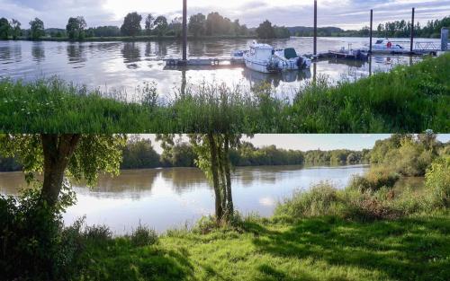 duas fotos de um rio com barcos nele em Superbe Maison Ossature Bois avec Piscine au Calme em Port-de-Lannes