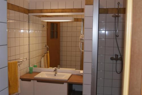 a bathroom with a sink and a mirror at Hotel Alga in Ustka