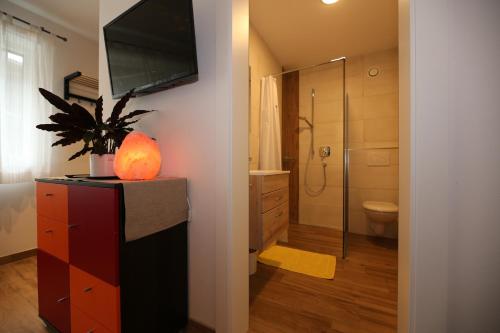 a bathroom with a sink and a toilet and a television at Appartement Ilvy in Söll