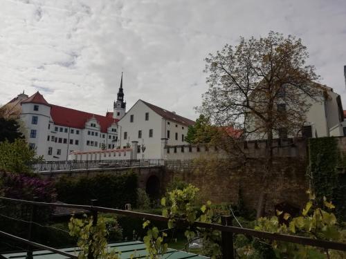 Blick auf ein Schloss, eine Brücke und Gebäude in der Unterkunft DJH Jugendherberge Torgau in Torgau
