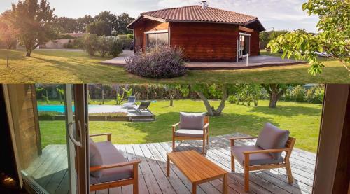 uma vista para uma casa com cadeiras e um quintal em Superbe Maison Ossature Bois avec Piscine au Calme em Port-de-Lannes