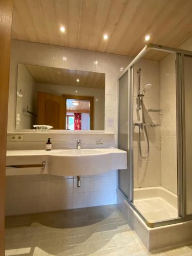 een badkamer met een wastafel, een douche en een spiegel bij Appartements Birkenhof in Lech am Arlberg