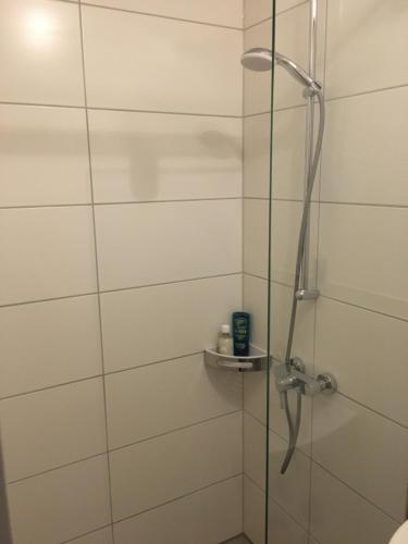 a shower with a glass door in a bathroom at en voquE in Braunschweig