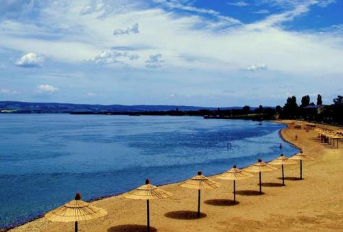 a group of umbrellas on a beach with the water at Apartman Ana in Kladovo