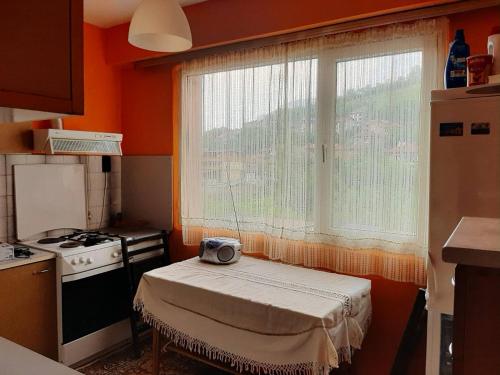 een kleine keuken met een tafel voor een raam bij Apartment Milevi in Teteven