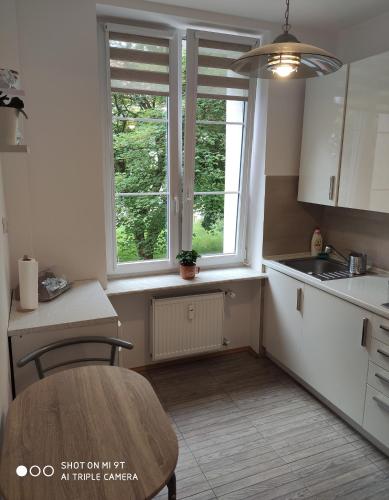 a kitchen with a table and a sink and two windows at Apartament ADA in Koszalin