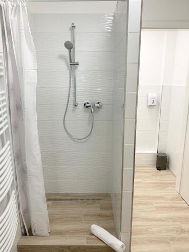 a shower with a shower curtain in a bathroom at Mese Panzió Zalakaros in Zalakaros
