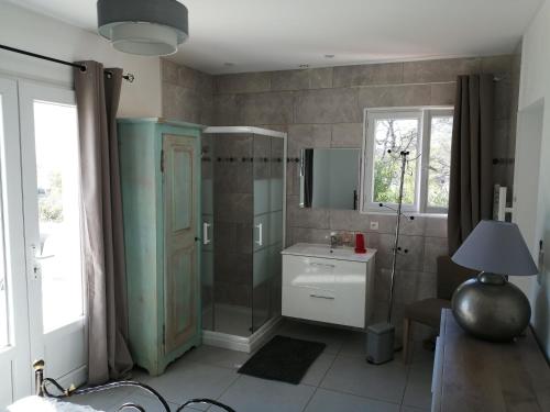 La salle de bains est pourvue d'une douche, d'un lavabo et d'un miroir. dans l'établissement VILLAS-Piscine les MIMOSAS, à Fréjus