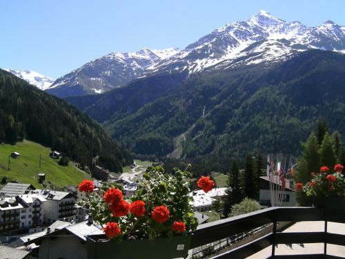 a view of a mountain from a balcony with flowers at Hotel Meublè Adler - Rooms & Mountain Apartments in Santa Caterina Valfurva