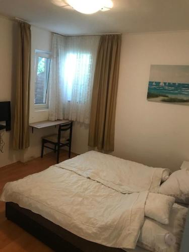 バラトンサールソーにあるSzetti Nyaralóのベッドルーム1室(ベッド1台、デスク、窓付)