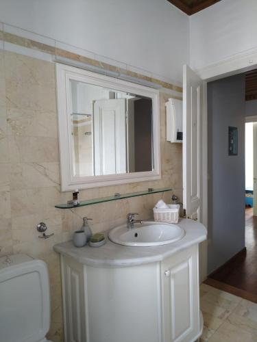 a bathroom with a sink and a mirror and a toilet at Liknon Guesthouse Villa in Galaxidi