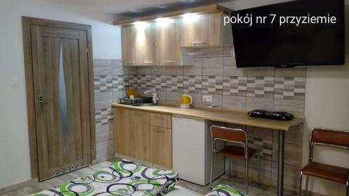 a small kitchen with a counter and a tv at Villa Vivaldi in Dziwnówek