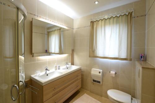 a bathroom with a sink and a toilet and a mirror at Vakantiewoningen t-dorp in Meetkerke