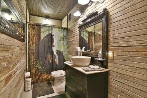 a bathroom with a sink and a toilet in it at Game room, hot tub, just 7 miles to downtown Asheville! in Asheville